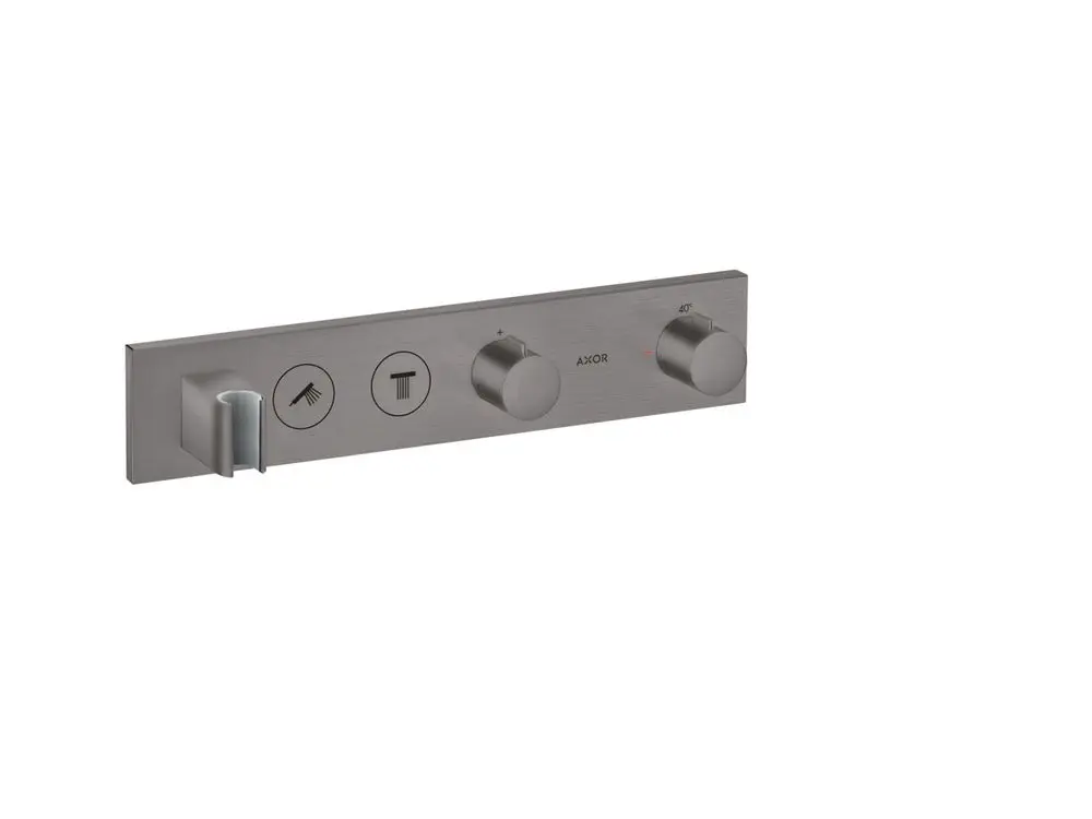 Thermostatmodul von AXOR mit drei Bedienelementen für die Steuerung von zwei Wasserverbrauchern. Oberfläche in gebürstetem Schwarzchrom.